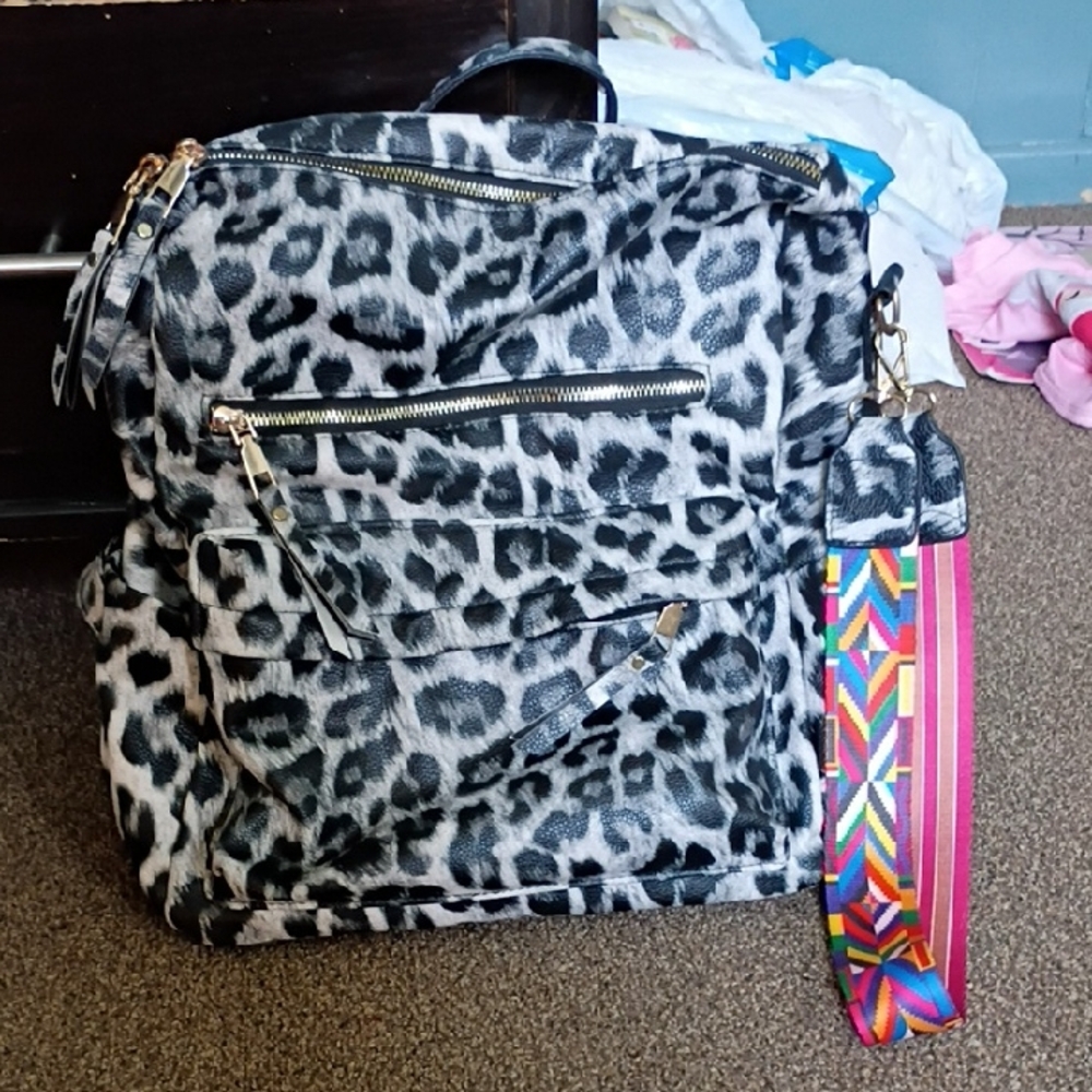Leopard Print Women's Convertible Backpack Tote - Black & Gray